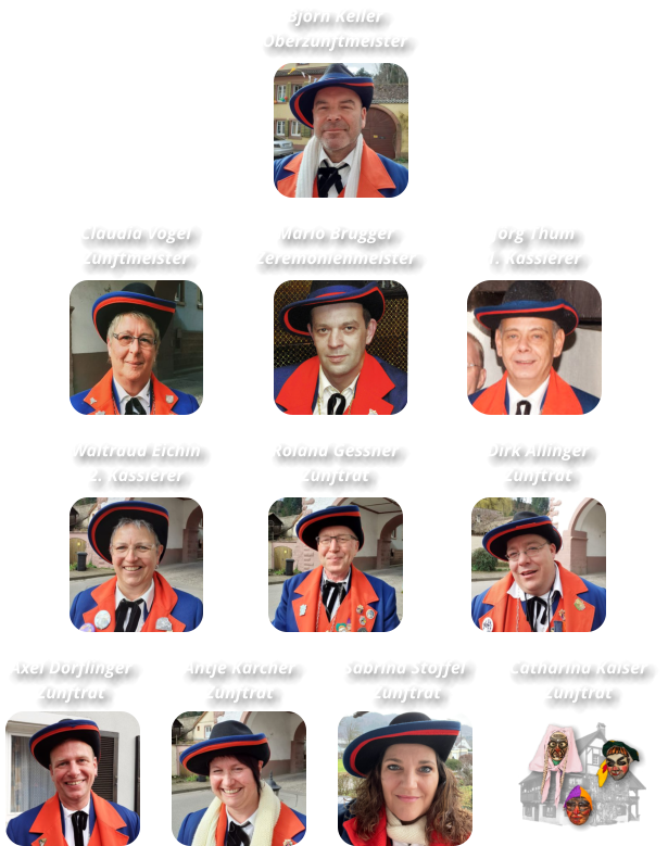 Mario Brugger Zeremonienmeister Björn Keller Oberzunftmeister Claudia Vogel Zunftmeister Waltraud Eichin 2. Kassierer Roland Gessner Zunftrat Dirk Allinger Zunftrat Axel Dörflinger  Zunftrat Sabrina Stoffel  Zunftrat Antje Kärcher Zunftrat Catharina Kaiser Zunftrat Jörg Thum  1. Kassierer